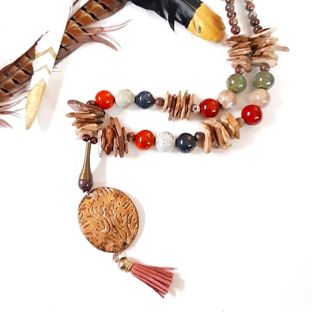 NWT Earthy Bohemian Pottery Tassel Necklace OOAK